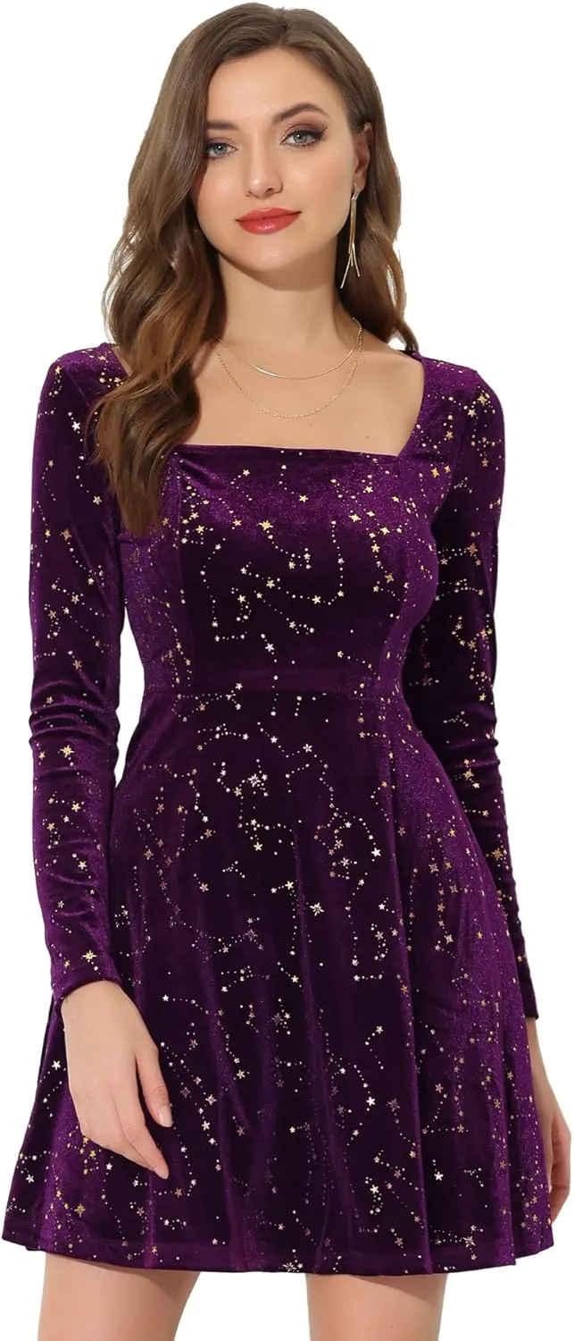 Allegra K Velvet Dress for Women's Stars Square Neck Mini A-Line Dress