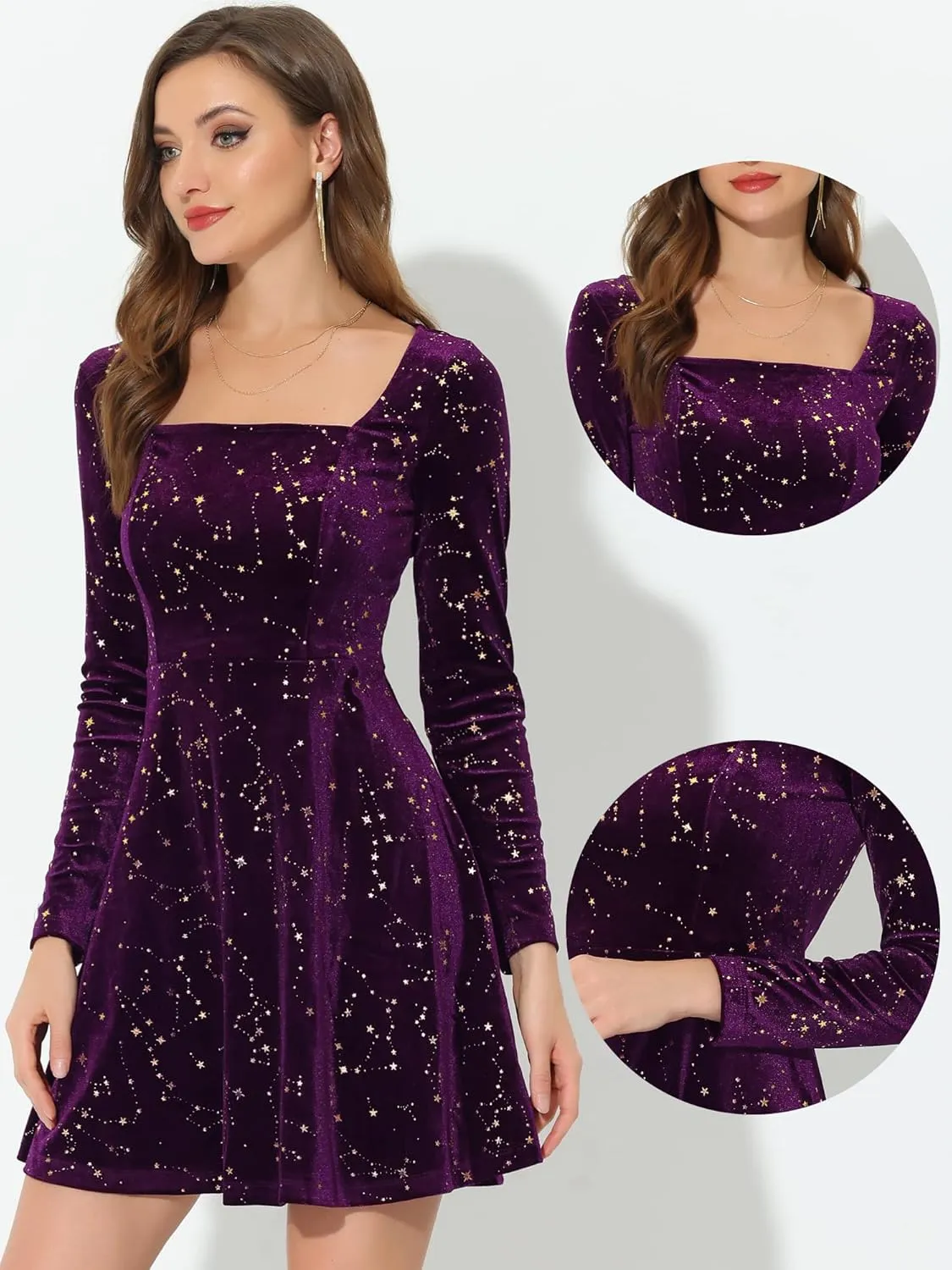 Allegra K Velvet Dress for Women's Stars Square Neck Mini A-Line Dress