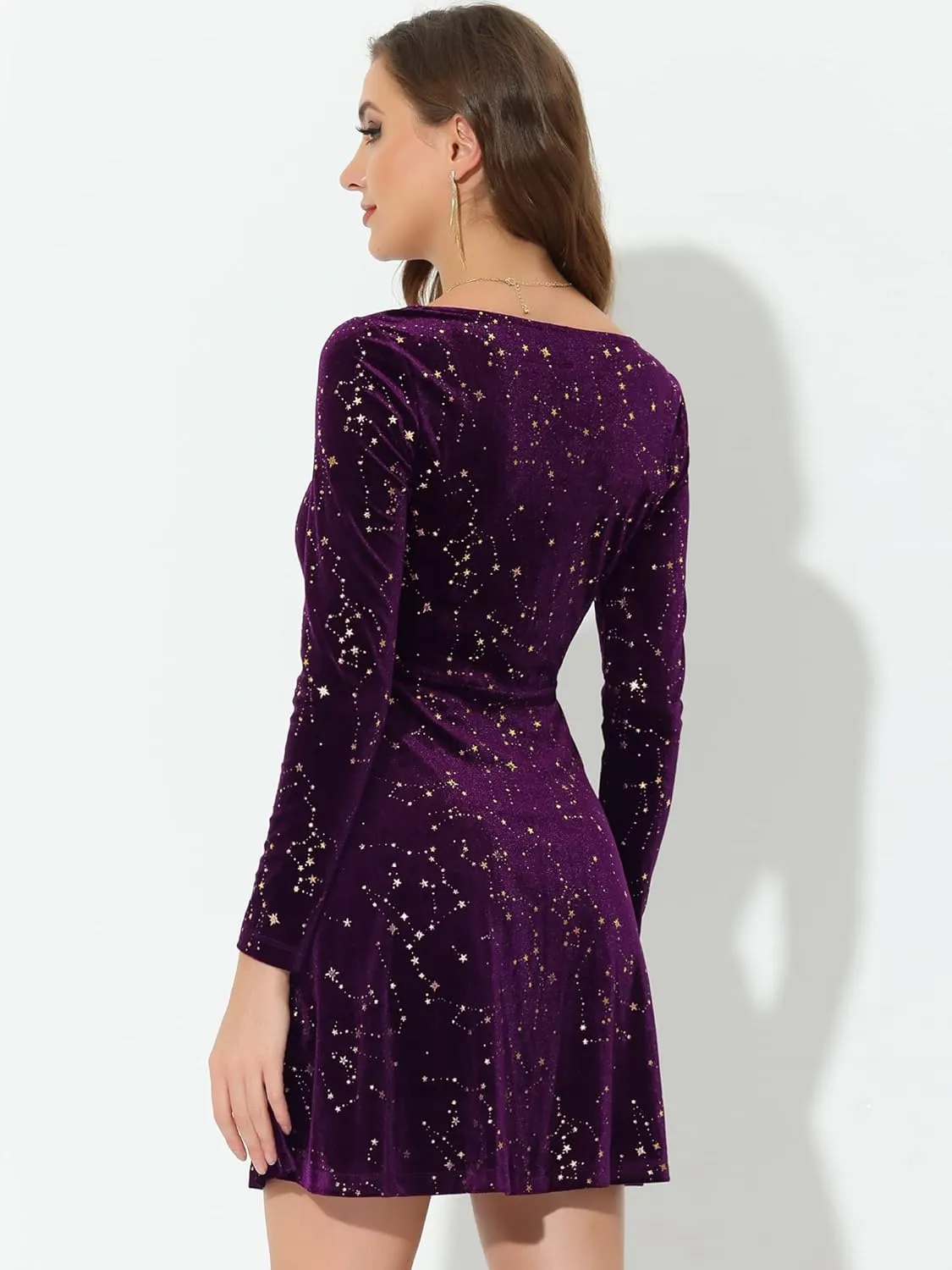 Allegra K Velvet Dress for Women's Stars Square Neck Mini A-Line Dress