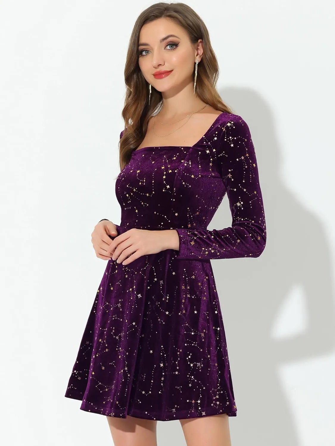 Allegra K Velvet Dress for Women's Stars Square Neck Mini A-Line Dress
