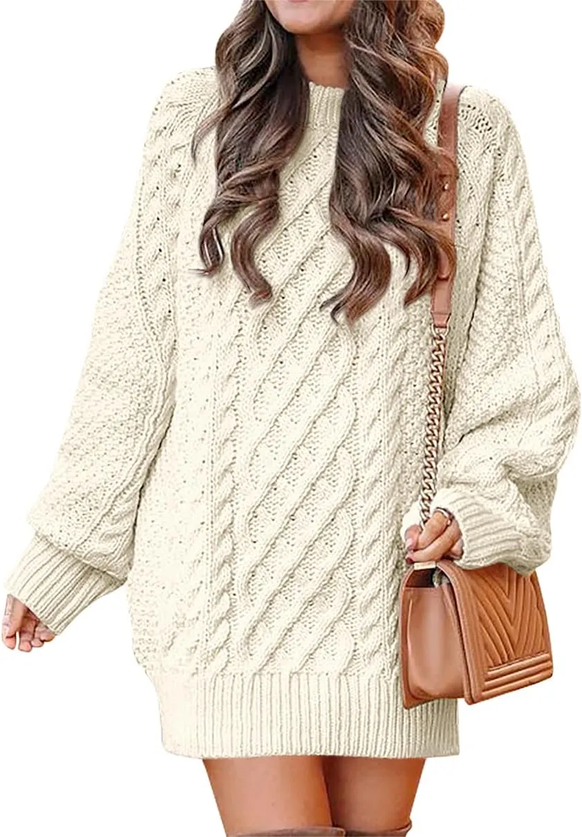 ANRABESS Women Long Sleeve Oversized Cable Knit Chunky Baggy Loose Pullover Tunic Mini Sweater Dress 2025 Trendy Fall Outfits