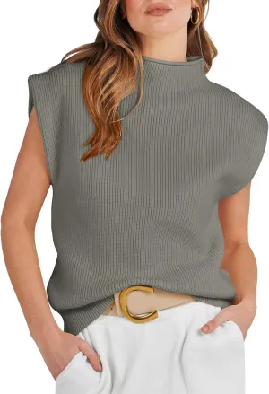 ANRABESS Women's Mock Neck Sleeveless Sweater Vest Casual Cap Sleeve Knit Pullover Tank Tops 2025 Spring Summer Clothes