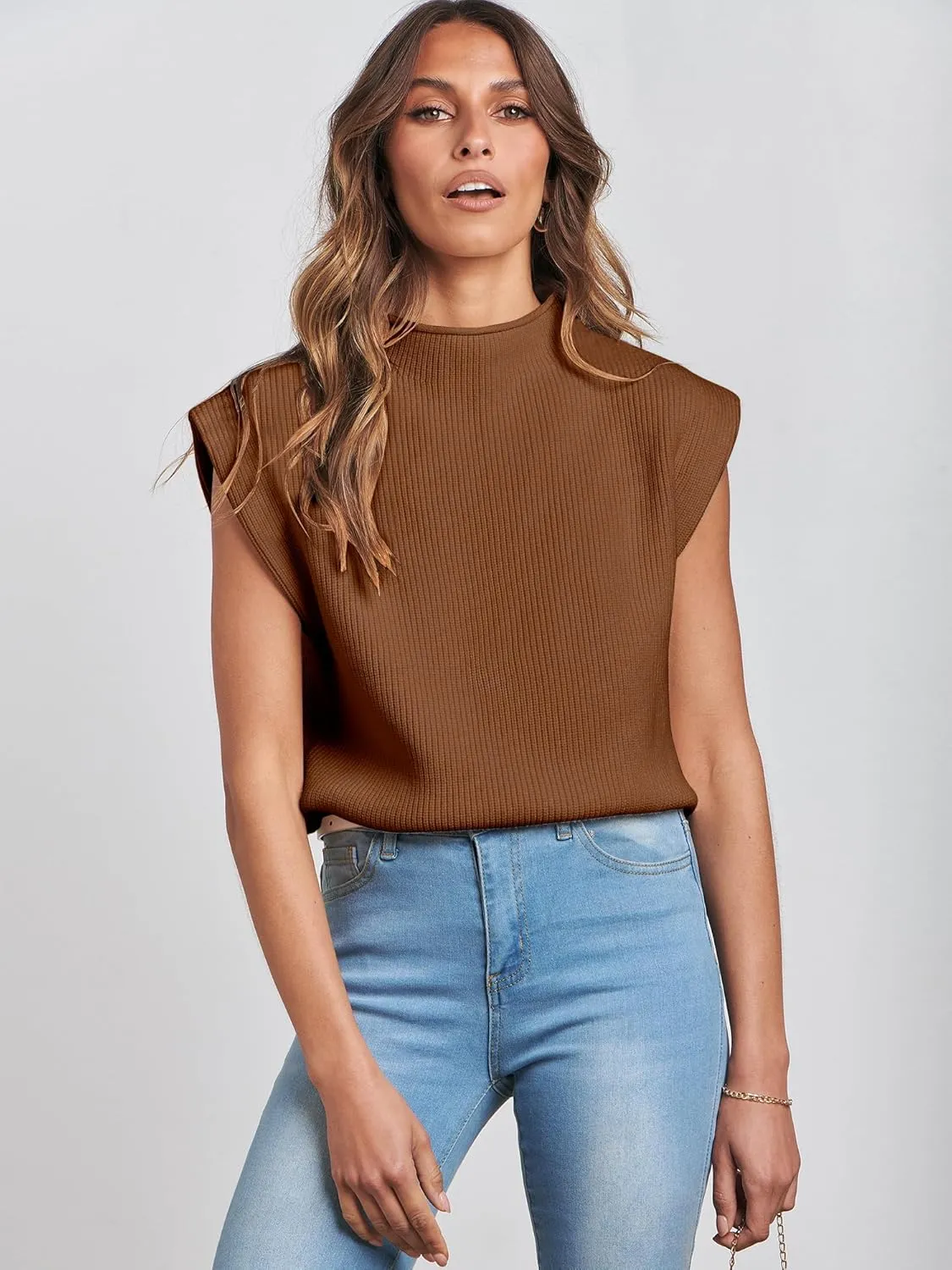 ANRABESS Women's Mock Neck Sleeveless Sweater Vest Casual Cap Sleeve Knit Pullover Tank Tops 2025 Spring Summer Clothes