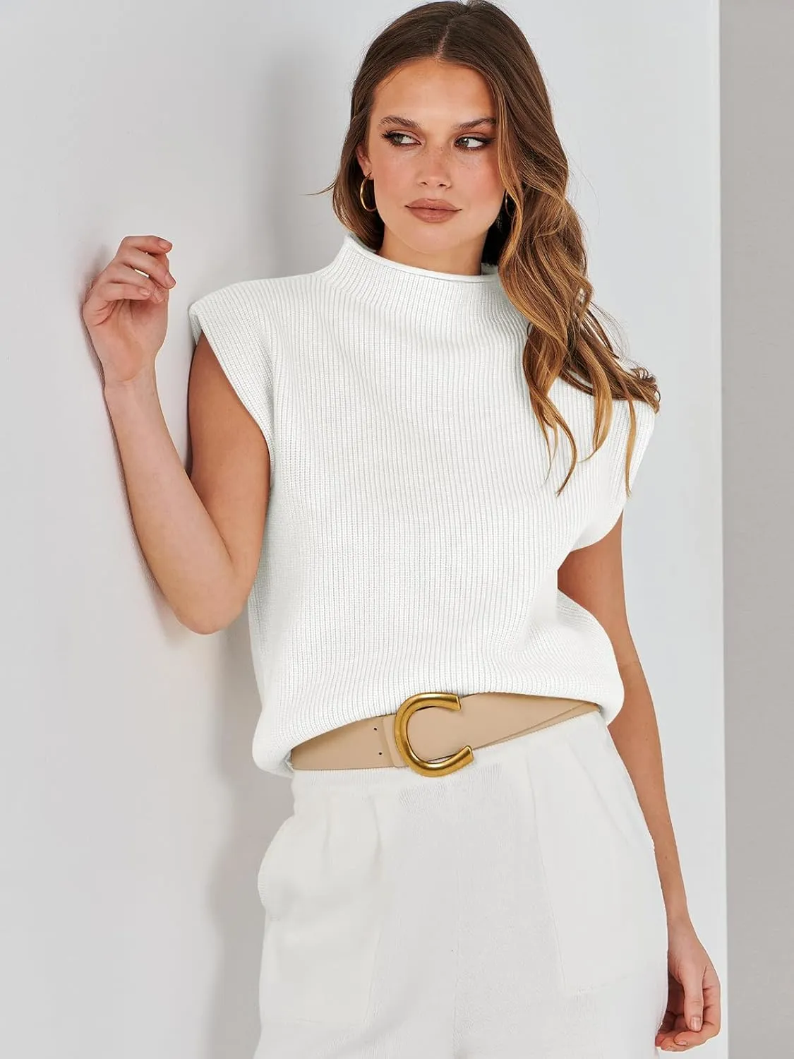 ANRABESS Women's Mock Neck Sleeveless Sweater Vest Casual Cap Sleeve Knit Pullover Tank Tops 2025 Spring Summer Clothes