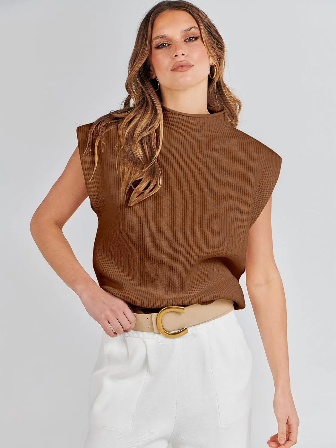 ANRABESS Women's Mock Neck Sleeveless Sweater Vest Casual Cap Sleeve Knit Pullover Tank Tops 2025 Spring Summer Clothes