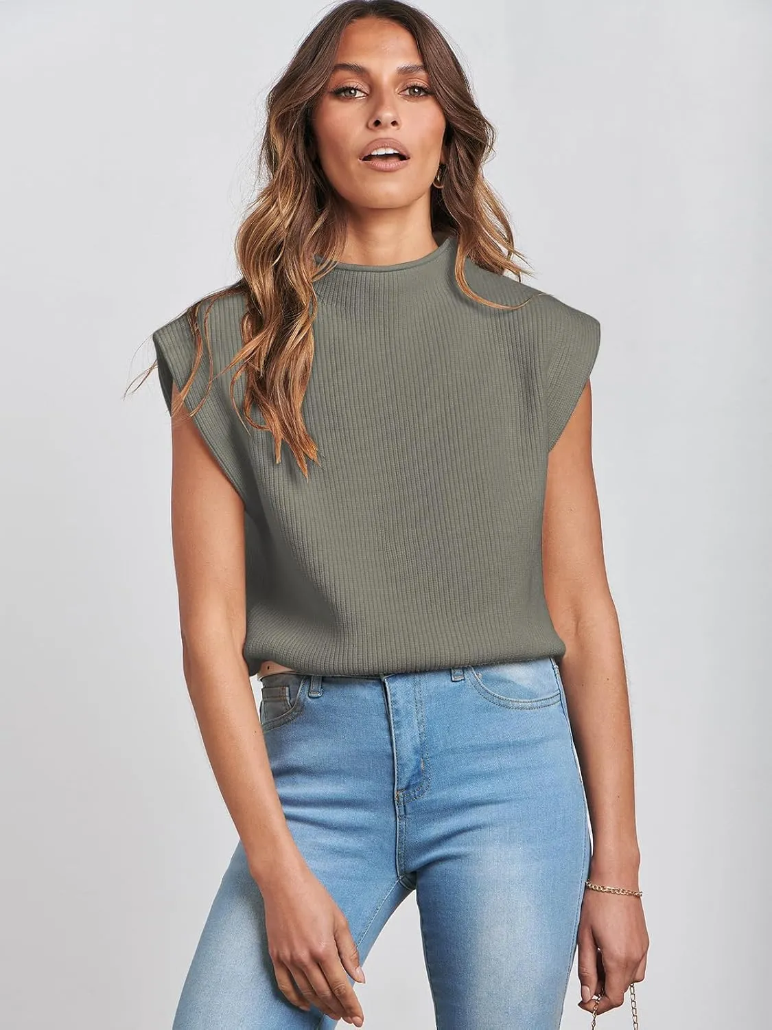 ANRABESS Women's Mock Neck Sleeveless Sweater Vest Casual Cap Sleeve Knit Pullover Tank Tops 2025 Spring Summer Clothes