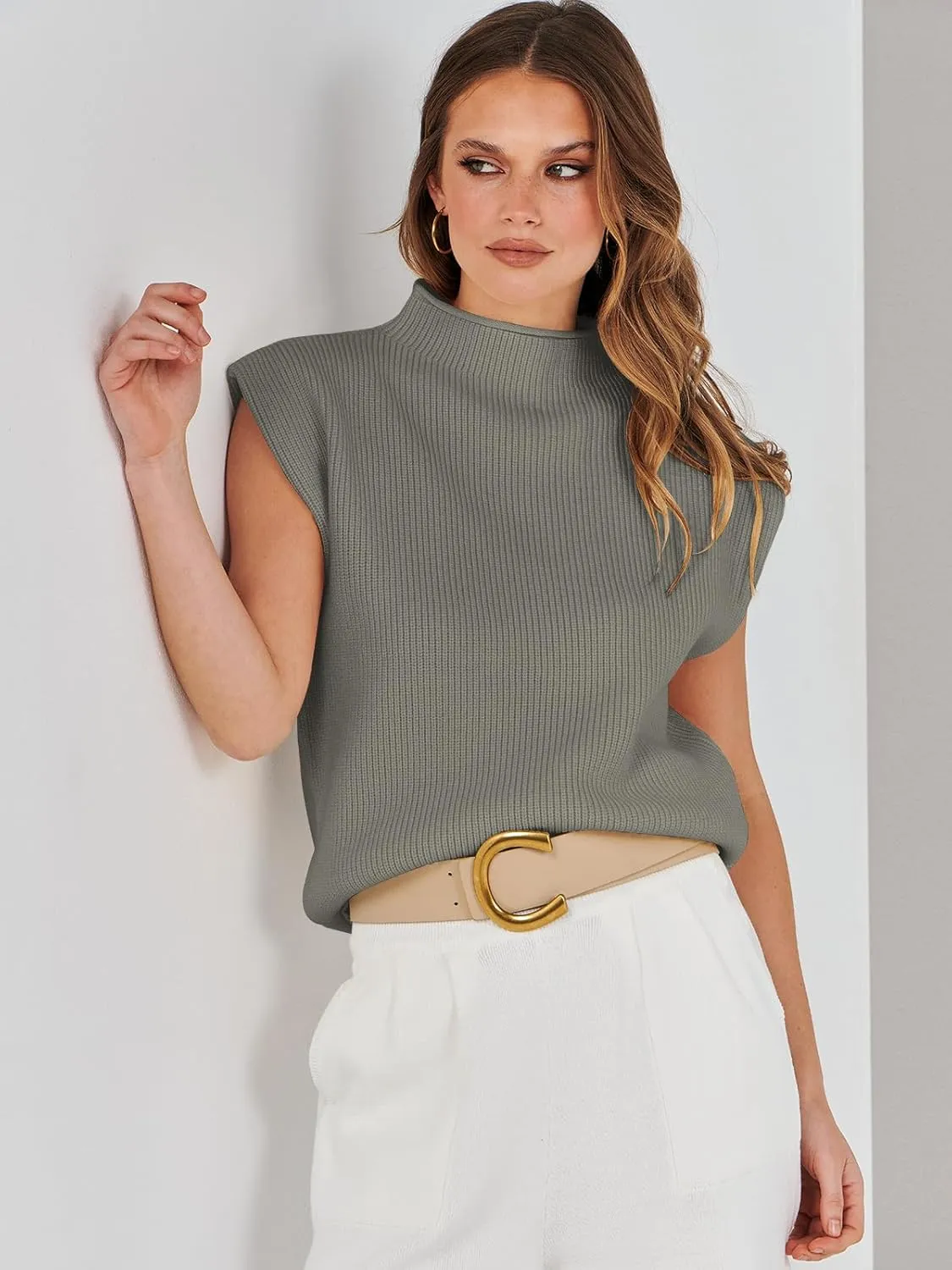 ANRABESS Women's Mock Neck Sleeveless Sweater Vest Casual Cap Sleeve Knit Pullover Tank Tops 2025 Spring Summer Clothes