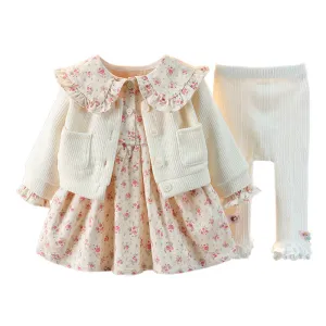 Baby Girl Sweet Floral Lapel Dress Jacket Leggings 3-Piece Set