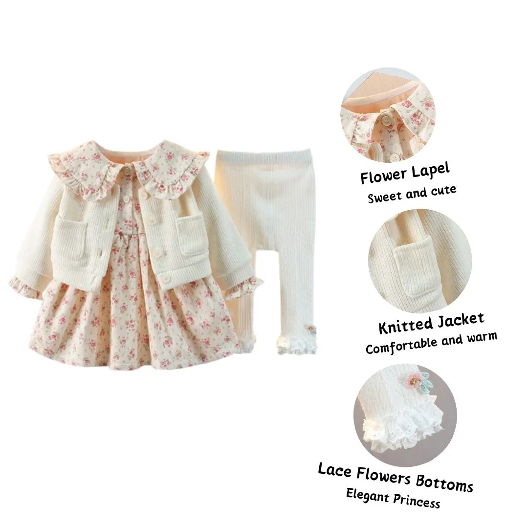 Baby Girl Sweet Floral Lapel Dress Jacket Leggings 3-Piece Set