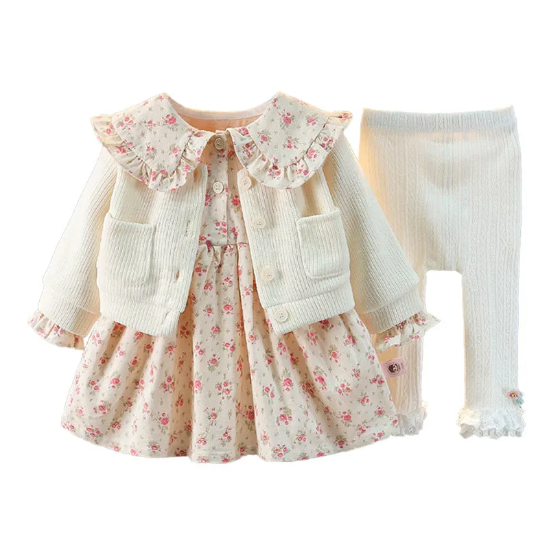 Baby Girl Sweet Floral Lapel Dress Jacket Leggings 3-Piece Set