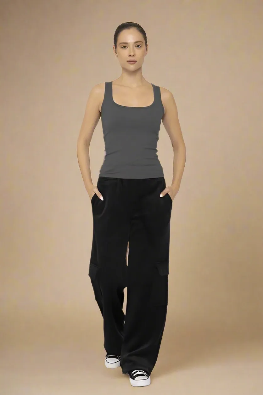 Black Elastic Waist Corduroy Cargo Pants