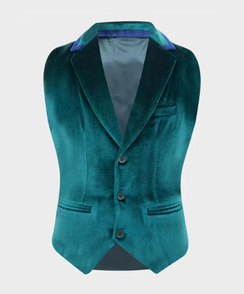Boys Tailored Fit Velvet Suit with Elbow Patches - Green