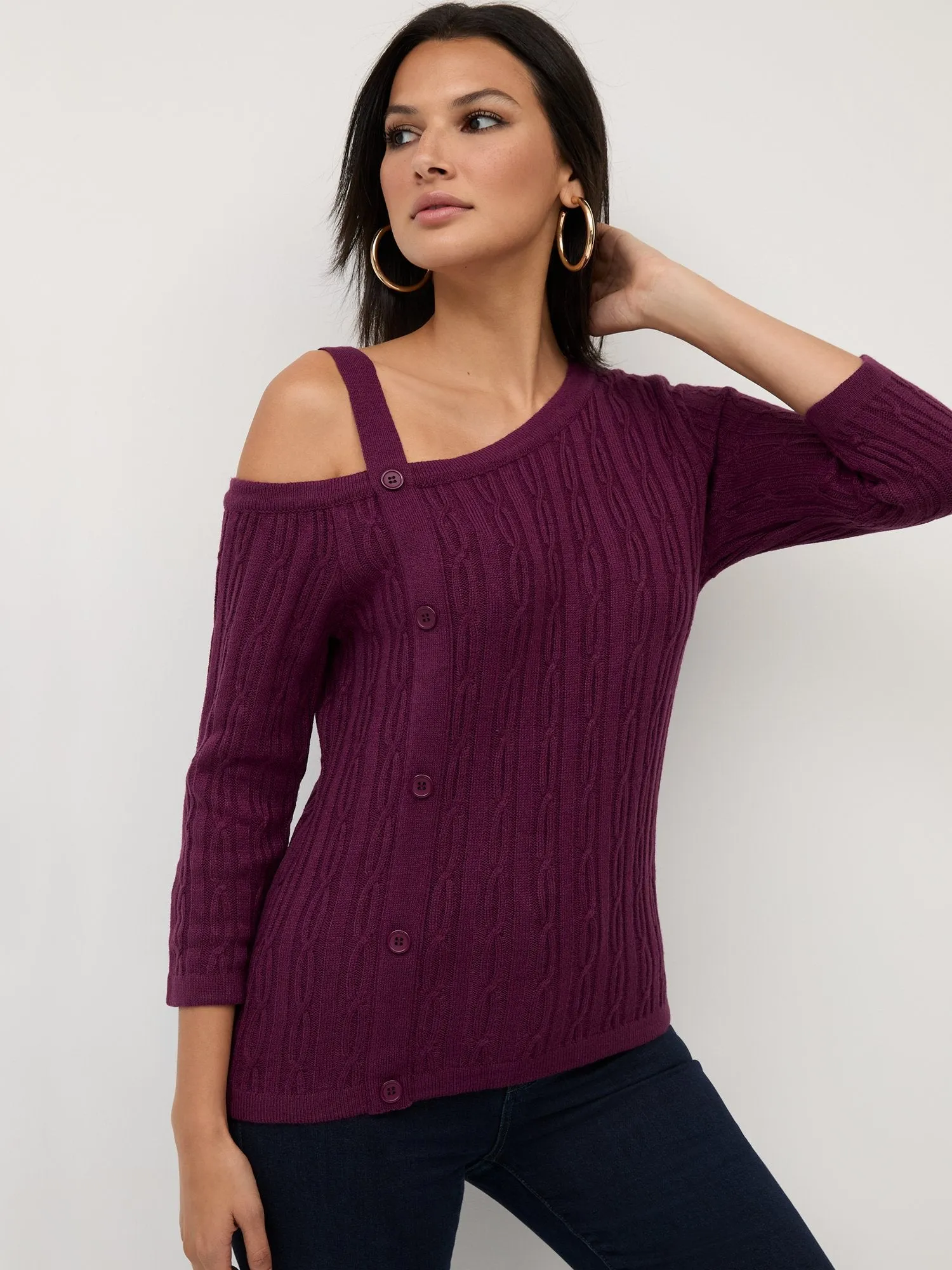Cable-Knit One-Shoulder Pullover Sweater