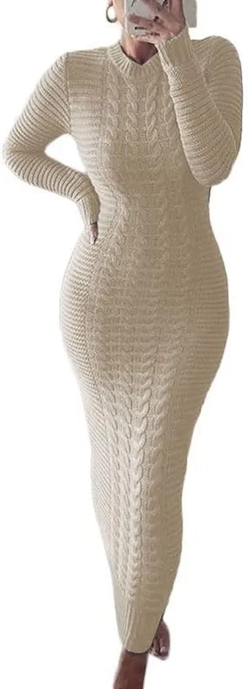 chouyatou Women's Sexy Crewneck Long Sleeve Cable Knit Bodycon Maxi Pullover Sweater Dress