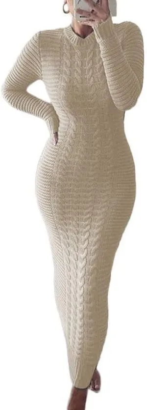 chouyatou Women's Sexy Crewneck Long Sleeve Cable Knit Bodycon Maxi Pullover Sweater Dress