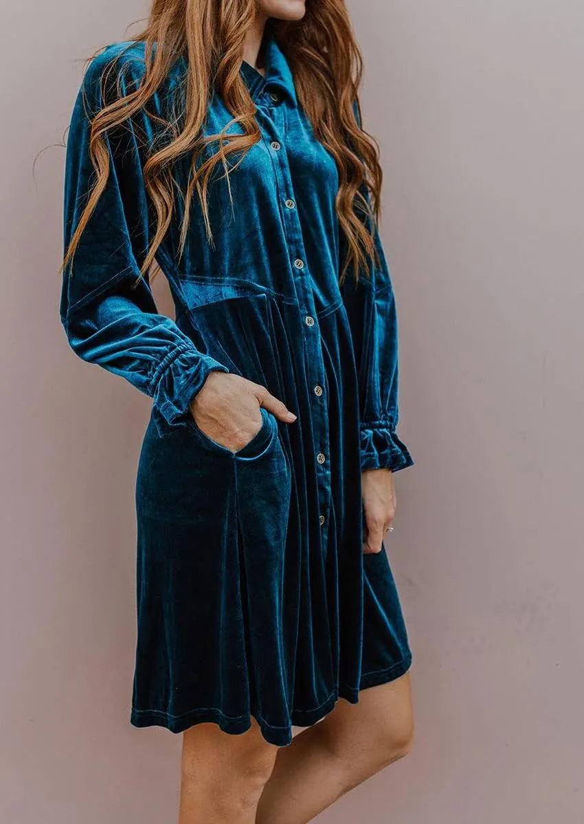 chouyatou Women's Vintage Velvet Mini Dress Long Sleeve Button Down Cocktail Party Shirt Dress