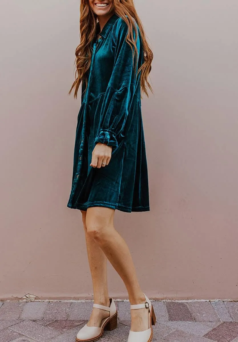 chouyatou Women's Vintage Velvet Mini Dress Long Sleeve Button Down Cocktail Party Shirt Dress