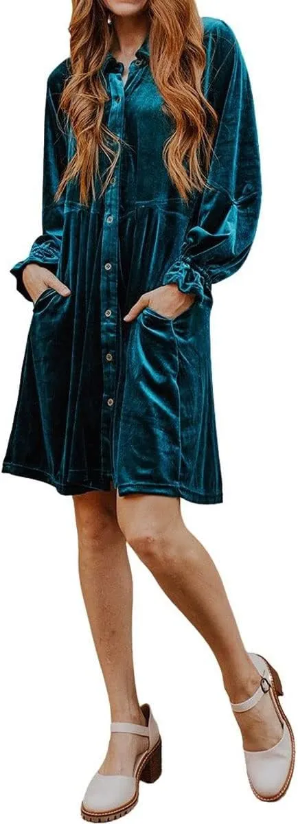 chouyatou Women's Vintage Velvet Mini Dress Long Sleeve Button Down Cocktail Party Shirt Dress