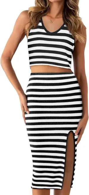 Cicy Bell Womens Summer Striped Two Piece Skirt Set Sleeveless Cropped Tank Top and Slit Midi Skirts Knit Sweater Sets