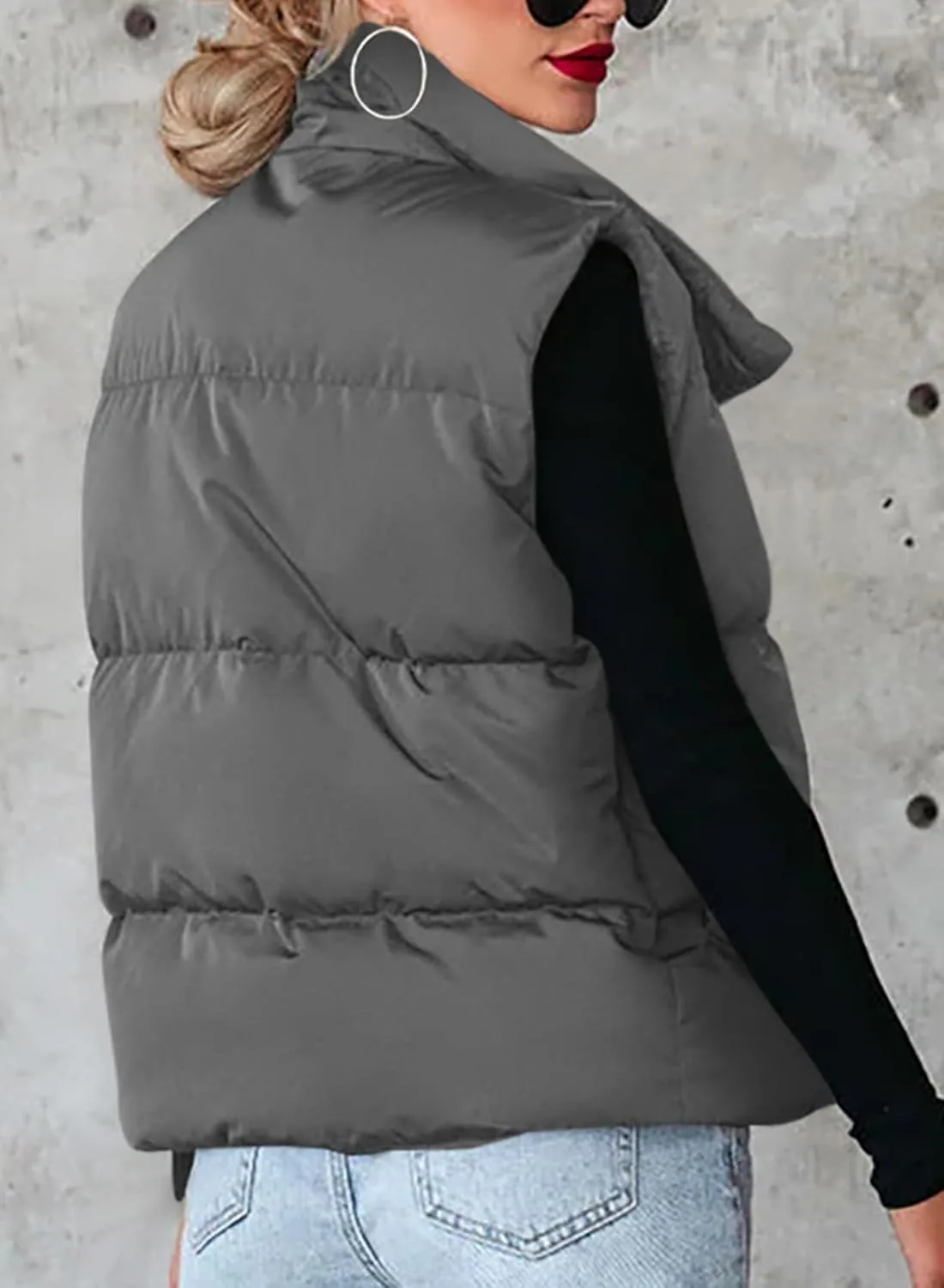 Dokotoo Women's Casual Winter Puffer Vest Sleeveless Cropped Outerwear Warm Lightweight Stand Collar Down Coats with Pockets