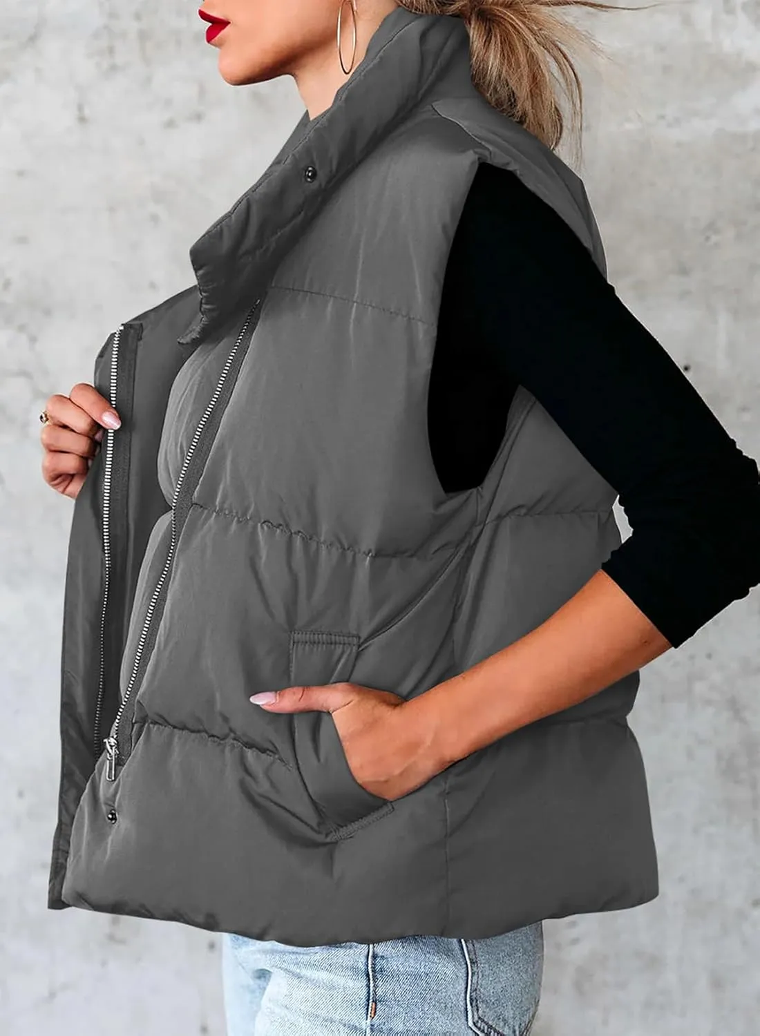 Dokotoo Women's Casual Winter Puffer Vest Sleeveless Cropped Outerwear Warm Lightweight Stand Collar Down Coats with Pockets