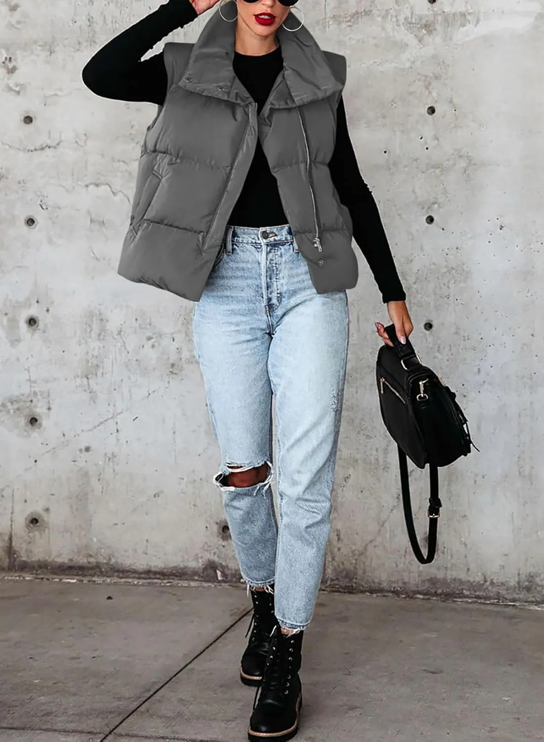 Dokotoo Women's Casual Winter Puffer Vest Sleeveless Cropped Outerwear Warm Lightweight Stand Collar Down Coats with Pockets