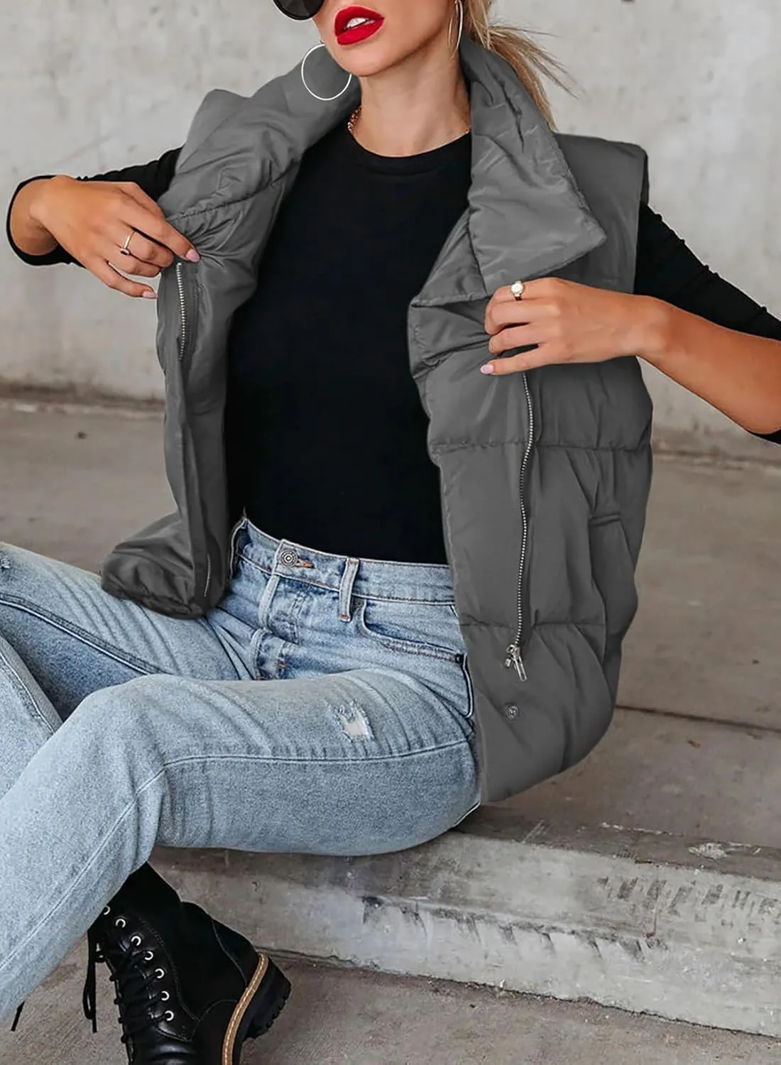 Dokotoo Women's Casual Winter Puffer Vest Sleeveless Cropped Outerwear Warm Lightweight Stand Collar Down Coats with Pockets