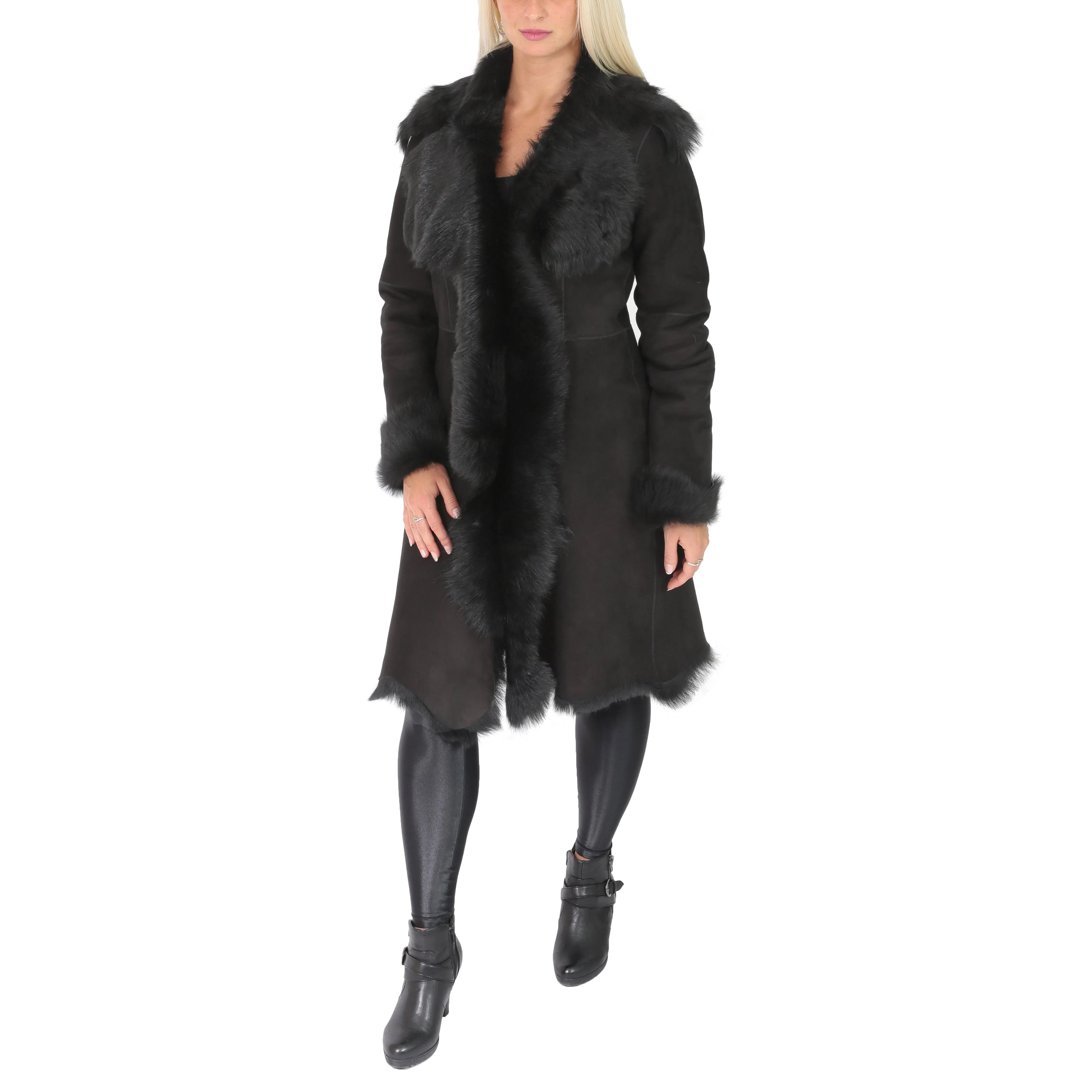 DR220 Women's Shearling Long Italian Sheepskin Leather Coat Black