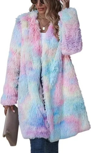 ECDAHICC Women's Rainbow Tie Dye Fuzzy Fleece Long Sleeves Jackets Wool Faux Fur Teddy Bear Long Cardigan Coat Outwear