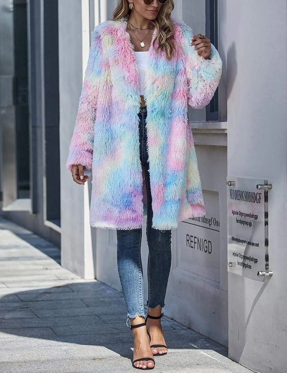ECDAHICC Women's Rainbow Tie Dye Fuzzy Fleece Long Sleeves Jackets Wool Faux Fur Teddy Bear Long Cardigan Coat Outwear