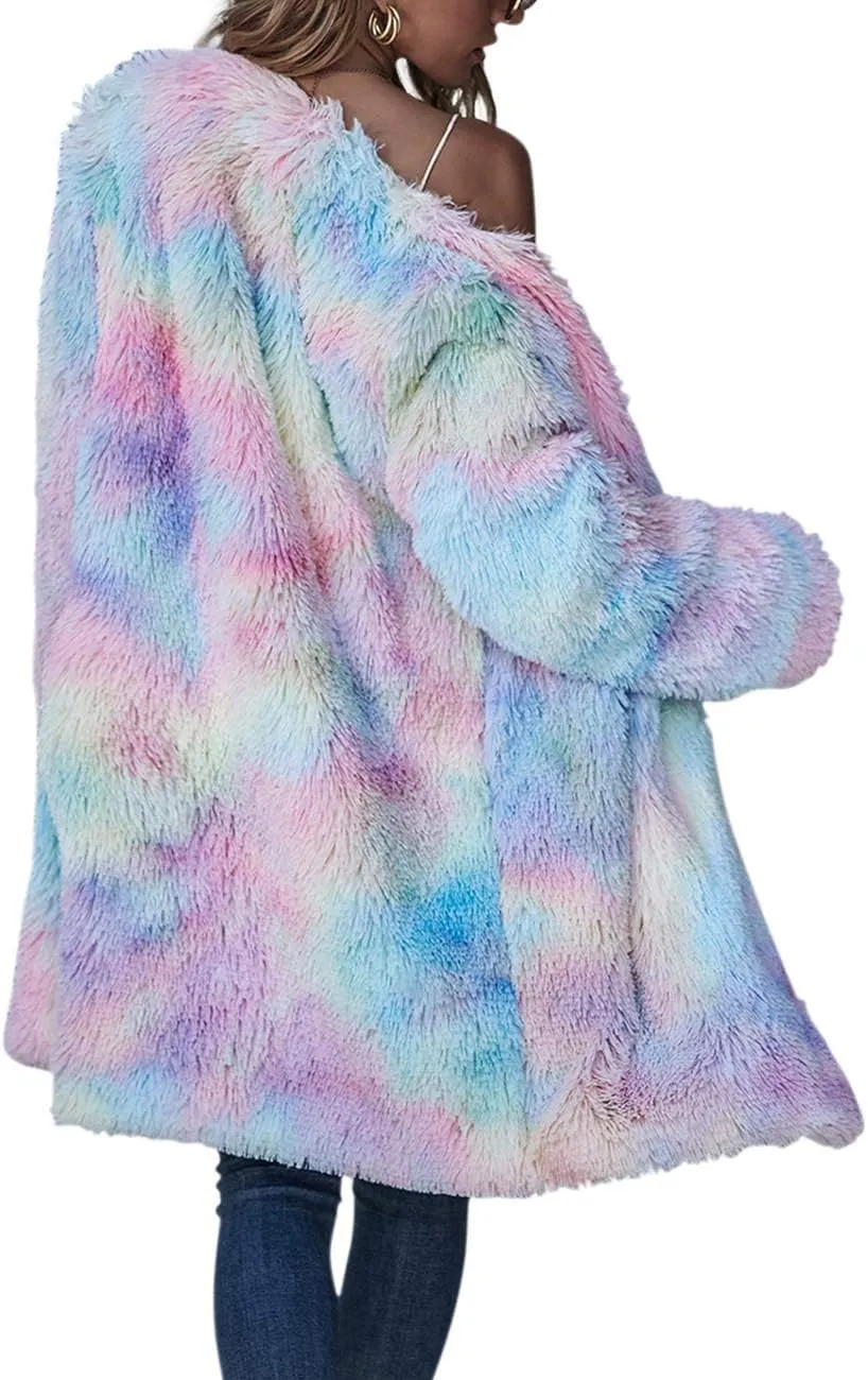 ECDAHICC Women's Rainbow Tie Dye Fuzzy Fleece Long Sleeves Jackets Wool Faux Fur Teddy Bear Long Cardigan Coat Outwear