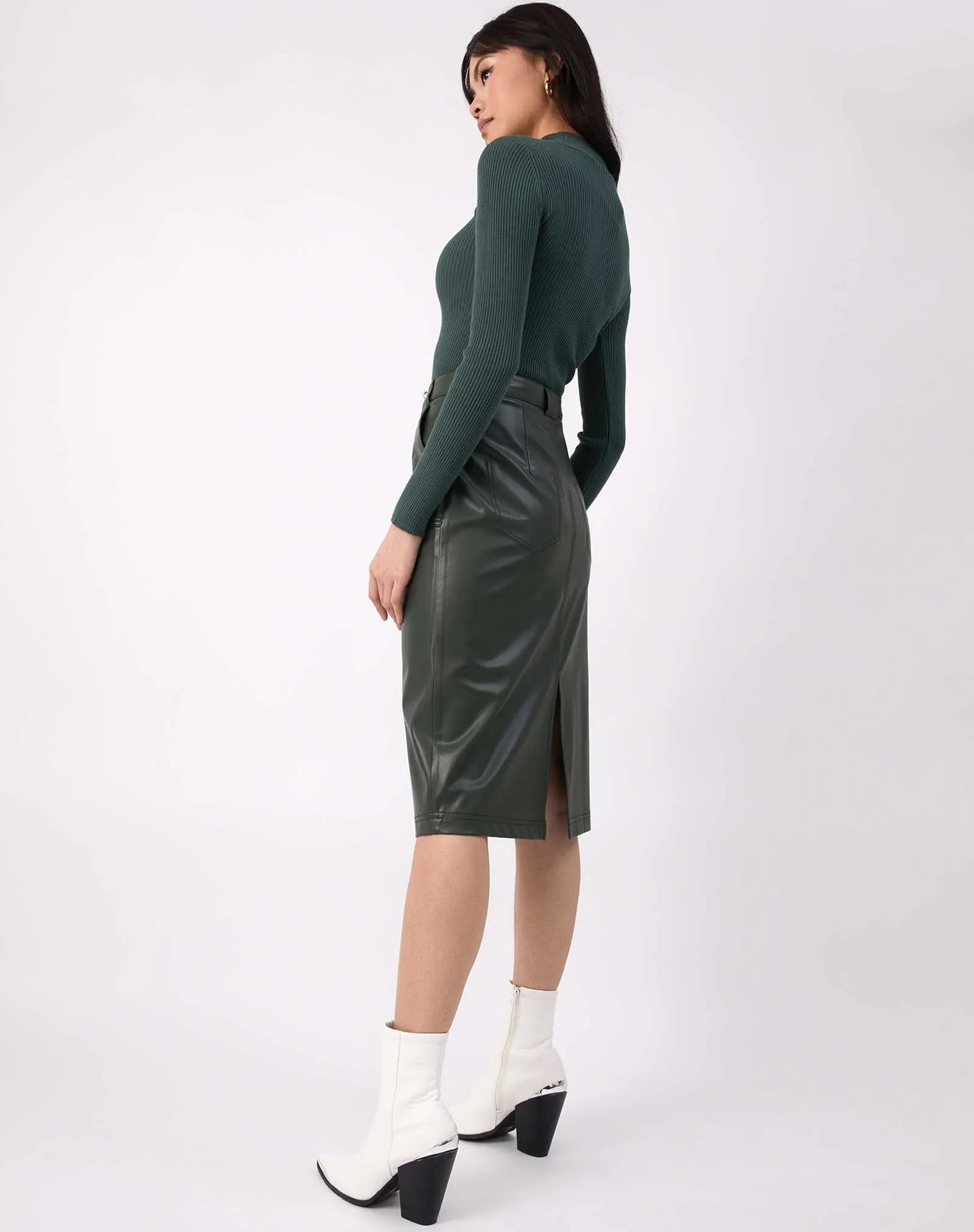 Faux Leather PU Midi Skirt With Pockets in Green | Vita