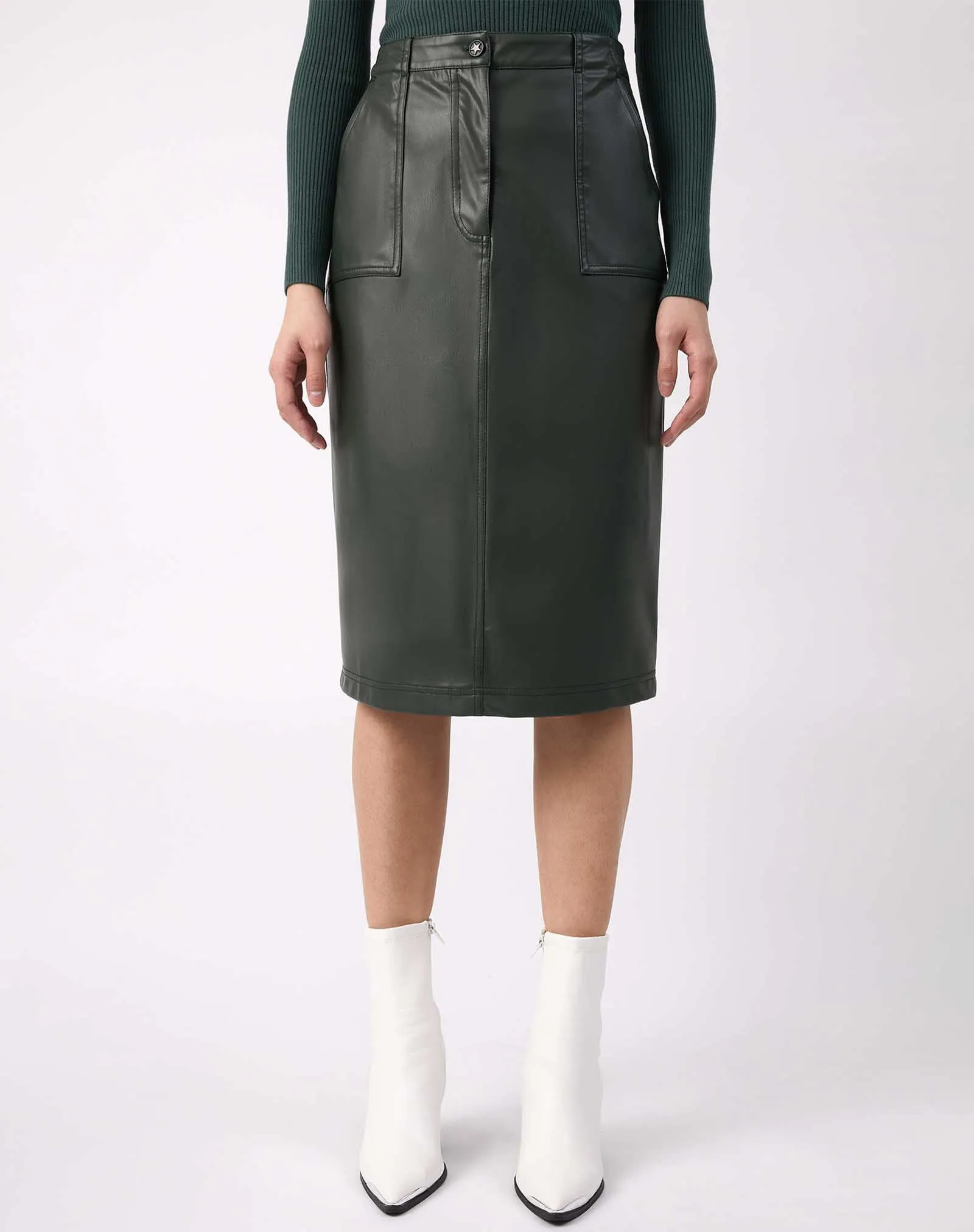 Faux Leather PU Midi Skirt With Pockets in Green | Vita