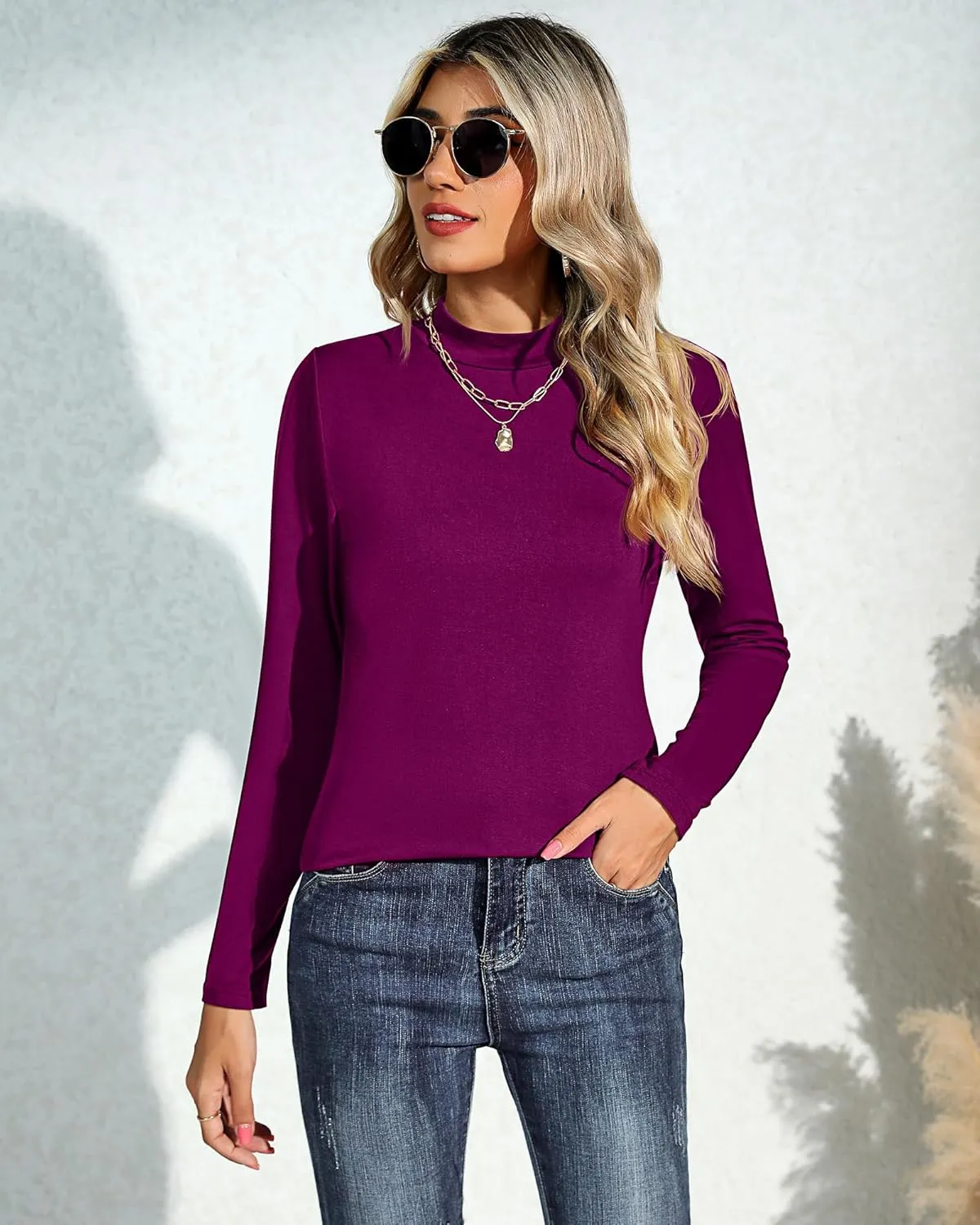 Ficerd 2 Pack Women's Mock Neck Shirts, Long Sleeve Turtleneck Tops Casual Comfy T Shirts Stretch Fitting Trendy Tee