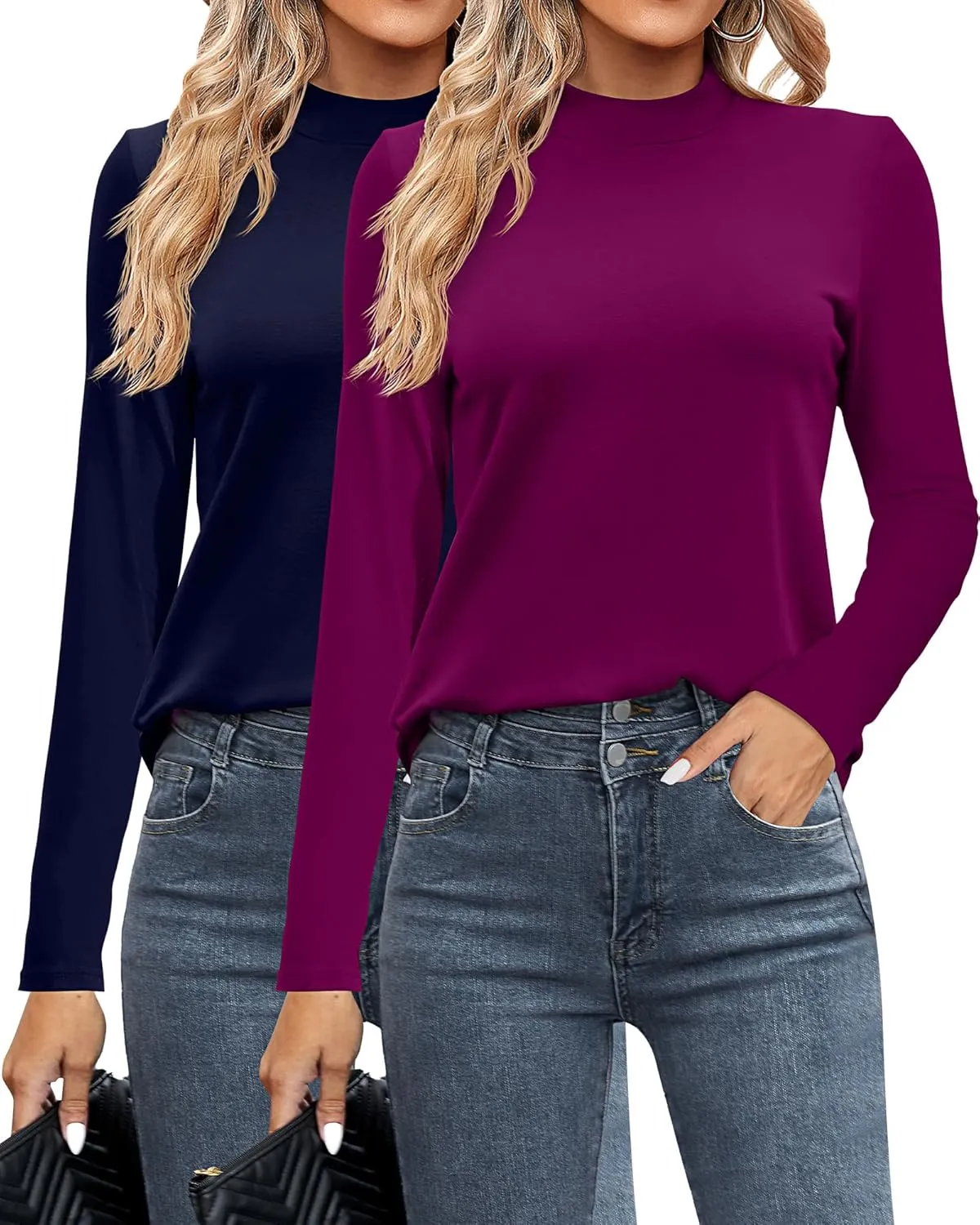 Ficerd 2 Pack Women's Mock Neck Shirts, Long Sleeve Turtleneck Tops Casual Comfy T Shirts Stretch Fitting Trendy Tee
