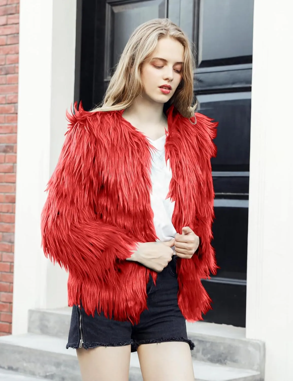 Flygo Faux Fur Coat Women Faux Fur Jacket Fluffy Open Front Cardigan Shaggy Short Coat Fall Winter Jacket