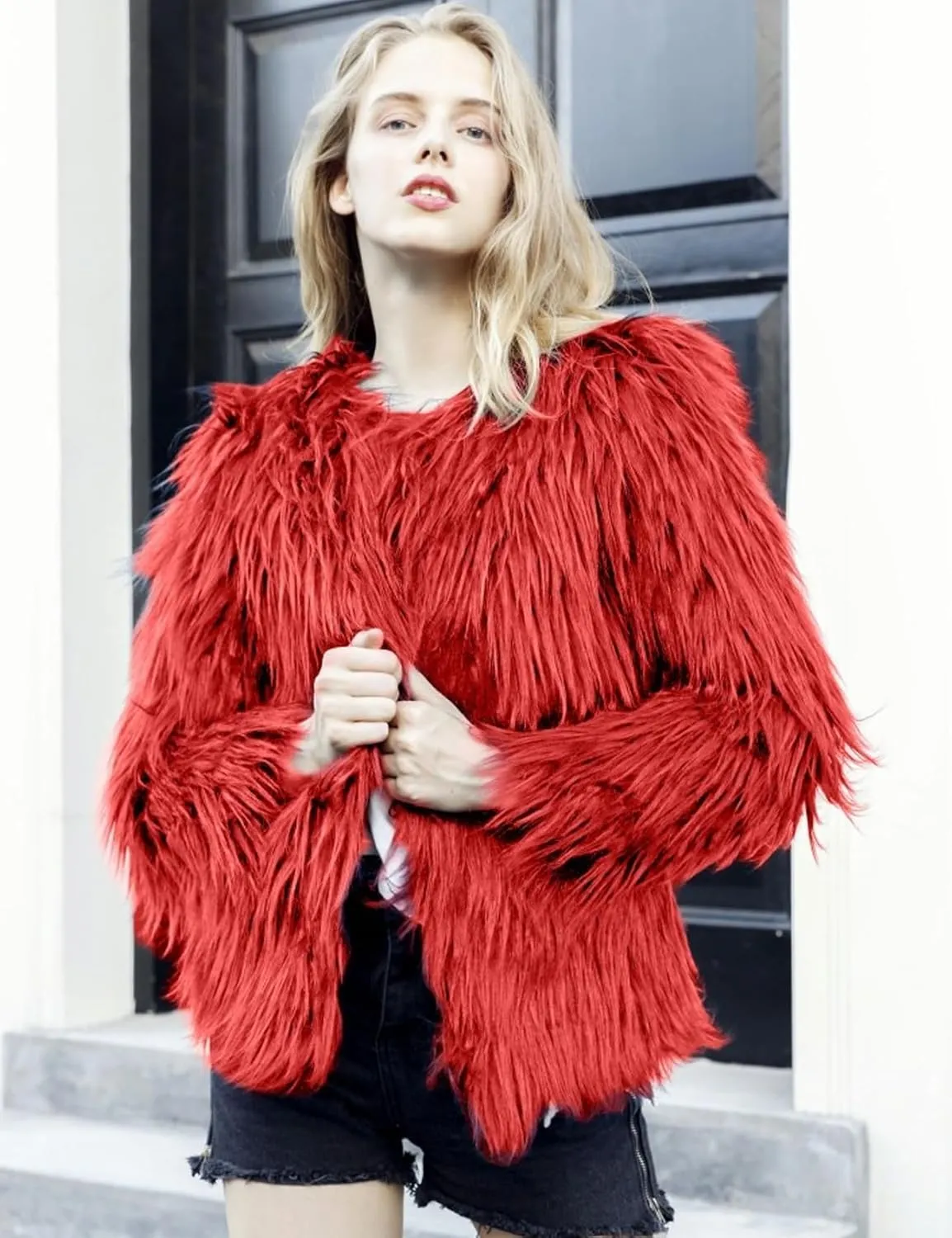 Flygo Faux Fur Coat Women Faux Fur Jacket Fluffy Open Front Cardigan Shaggy Short Coat Fall Winter Jacket