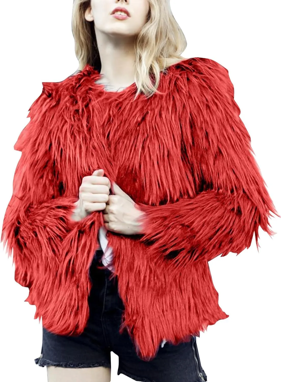 Flygo Faux Fur Coat Women Faux Fur Jacket Fluffy Open Front Cardigan Shaggy Short Coat Fall Winter Jacket