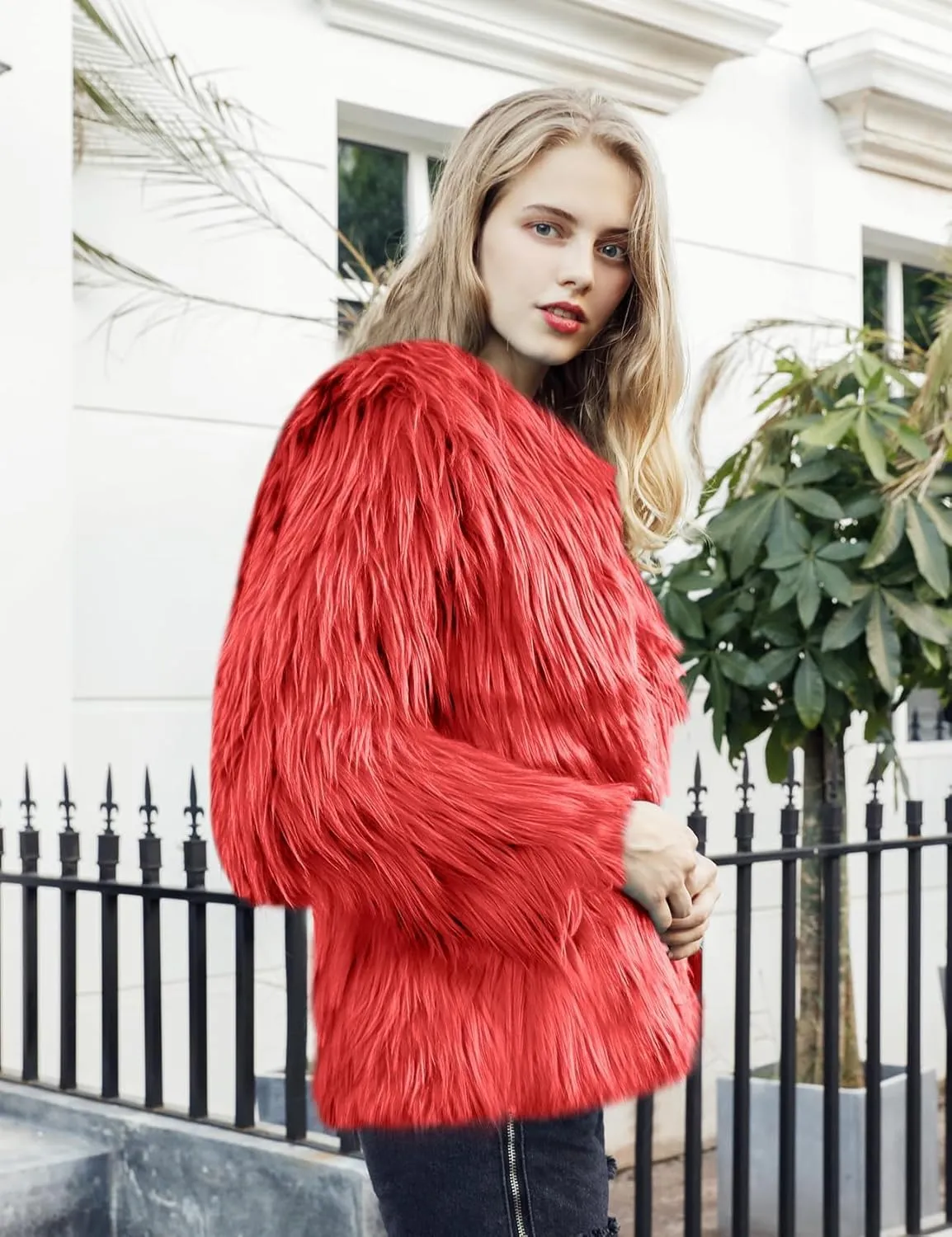 Flygo Faux Fur Coat Women Faux Fur Jacket Fluffy Open Front Cardigan Shaggy Short Coat Fall Winter Jacket