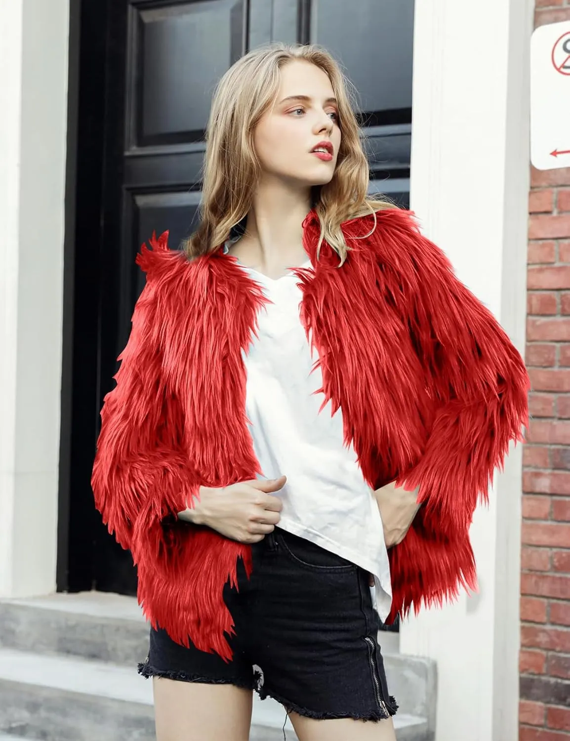 Flygo Faux Fur Coat Women Faux Fur Jacket Fluffy Open Front Cardigan Shaggy Short Coat Fall Winter Jacket