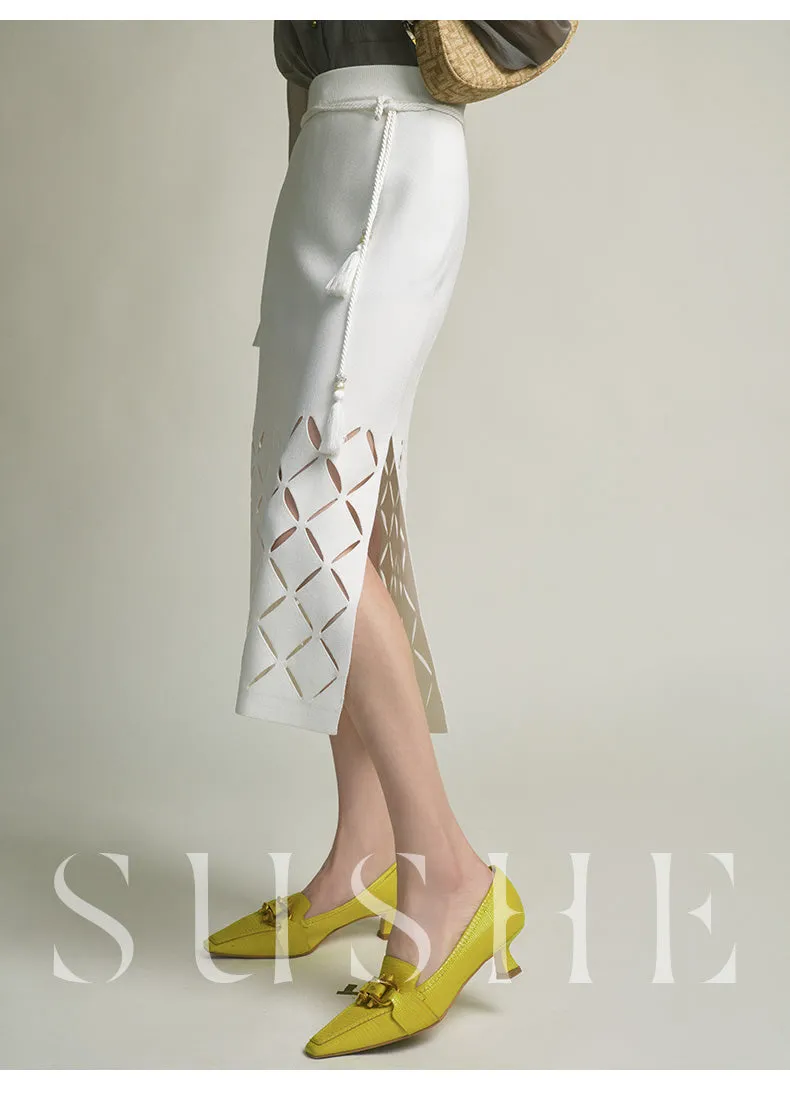 High end coconut cream white cut out knitted pencil Spring white skirt - Lalu