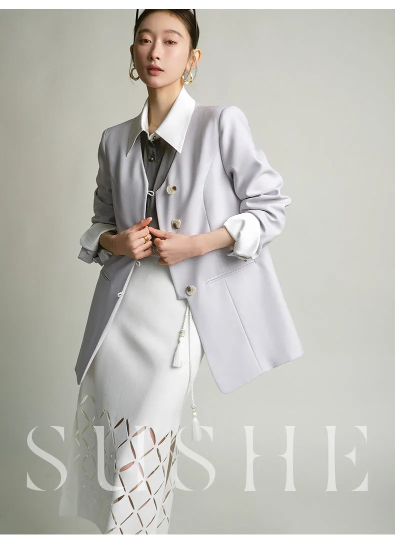 High end coconut cream white cut out knitted pencil Spring white skirt - Lalu