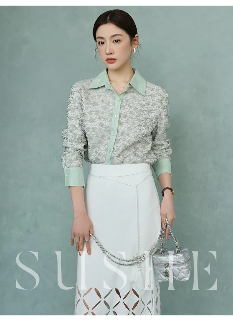 High end coconut cream white cut out knitted pencil Spring white skirt - Lalu