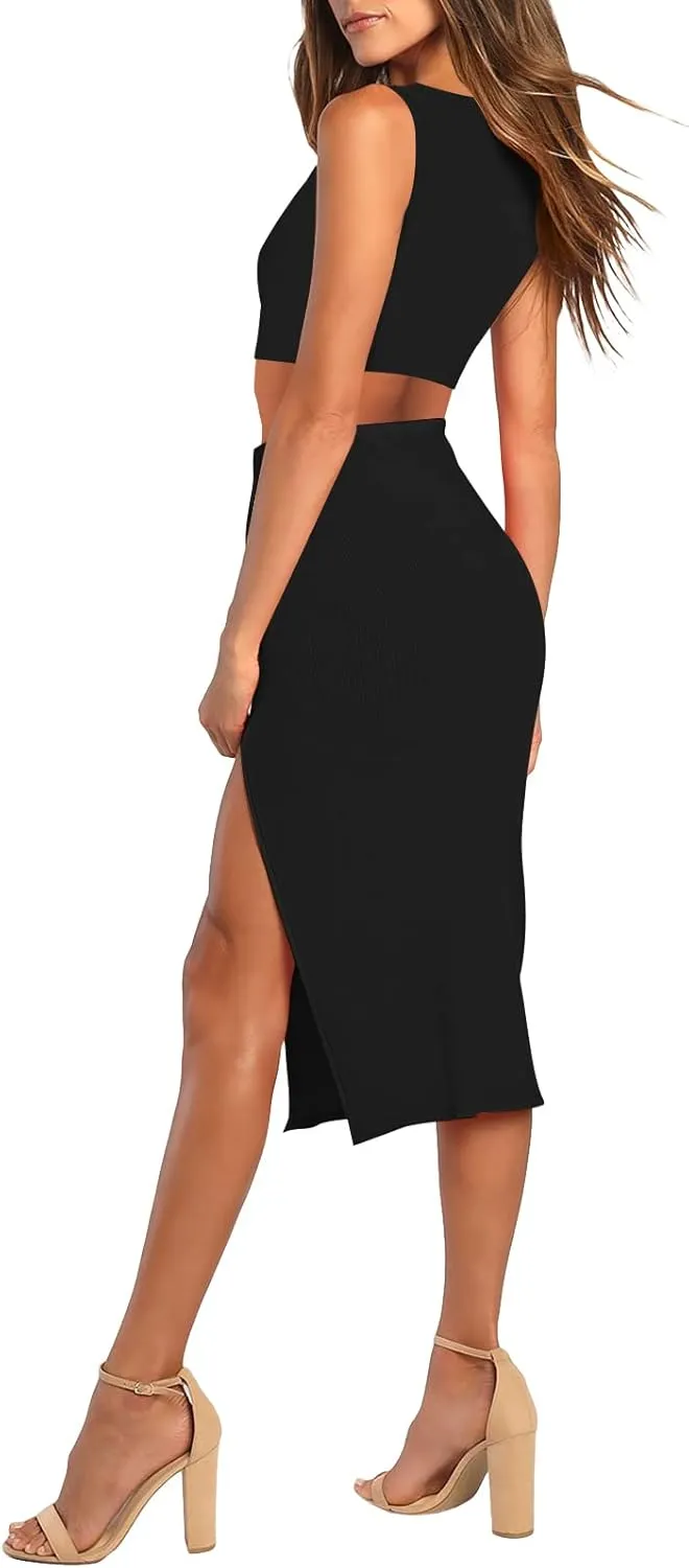 HUUSA 2 Piece Dress for Women Sexy Sleeveless Slim Bodycon Split Midi Dresses Casual Crewneck Tank Tops High Waist Skirt Sets