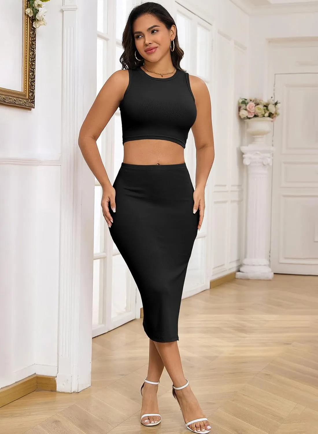 HUUSA 2 Piece Dress for Women Sexy Sleeveless Slim Bodycon Split Midi Dresses Casual Crewneck Tank Tops High Waist Skirt Sets