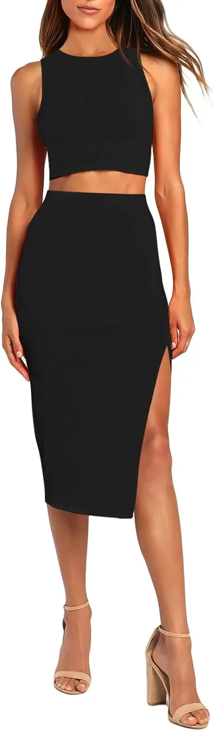 HUUSA 2 Piece Dress for Women Sexy Sleeveless Slim Bodycon Split Midi Dresses Casual Crewneck Tank Tops High Waist Skirt Sets