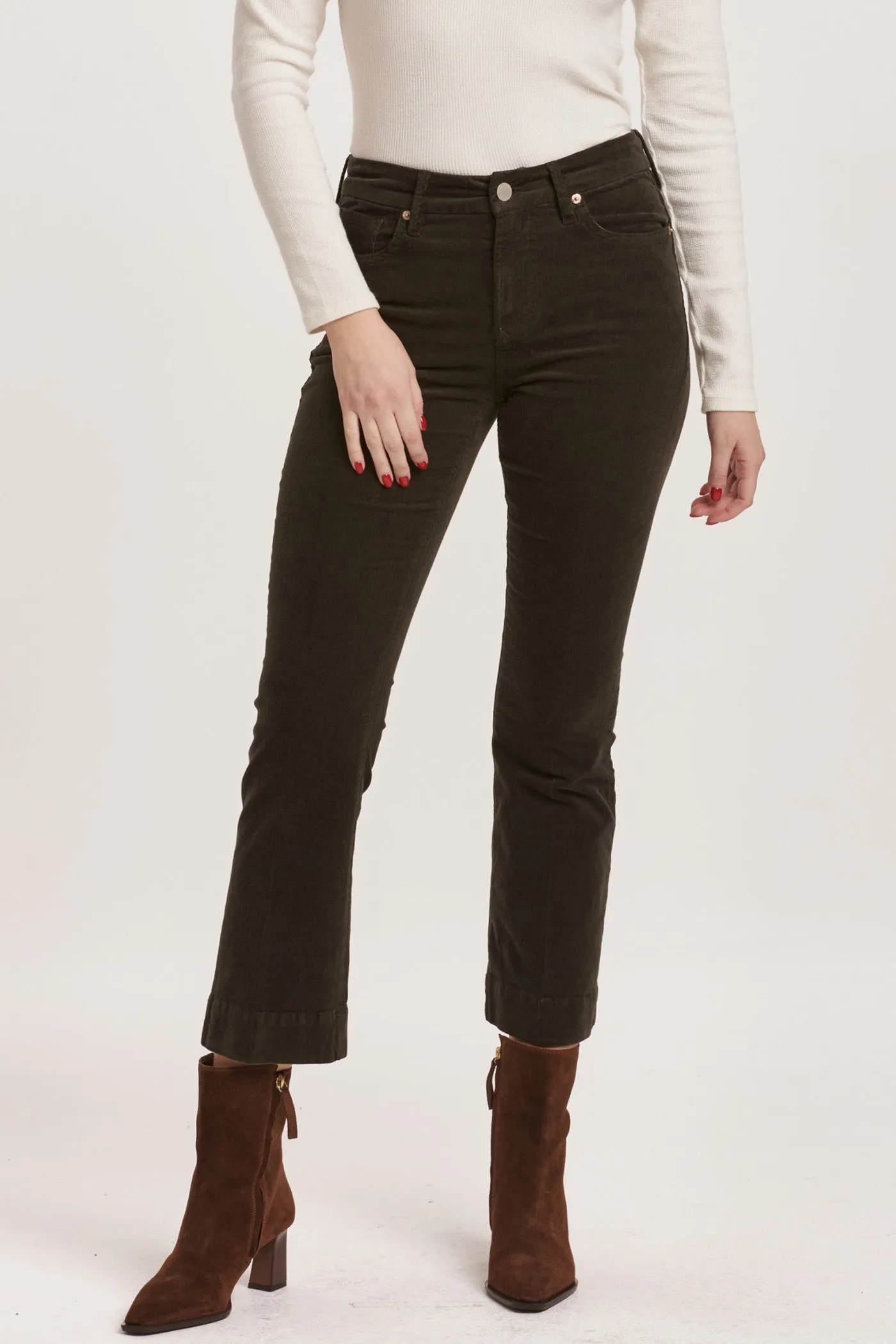 JEANNE MID RISE CROPPED FLARE PANTS FOREST PINE CORDUROY