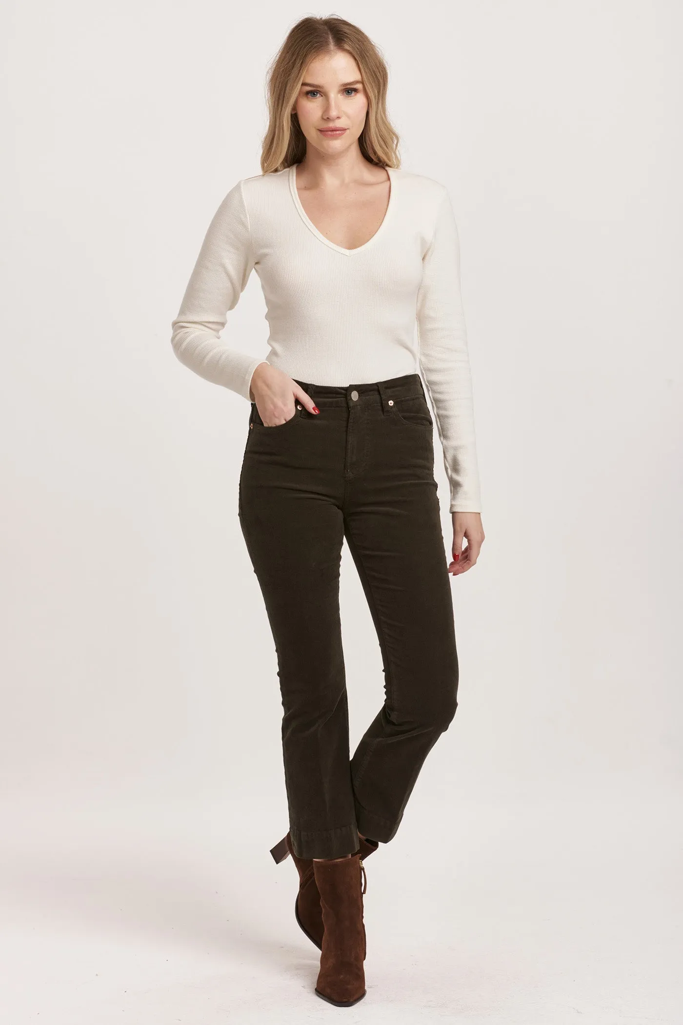 JEANNE MID RISE CROPPED FLARE PANTS FOREST PINE CORDUROY