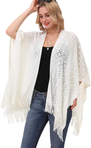 Knit Shawl Wrap for Women - Soul Young Ladies Fringe Knitted Poncho Blanket Cardigan Cape(One Size,Cream White)