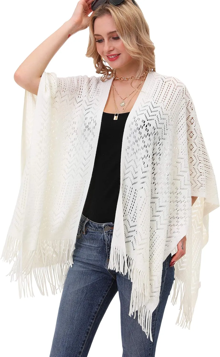Knit Shawl Wrap for Women - Soul Young Ladies Fringe Knitted Poncho Blanket Cardigan Cape(One Size,Cream White)